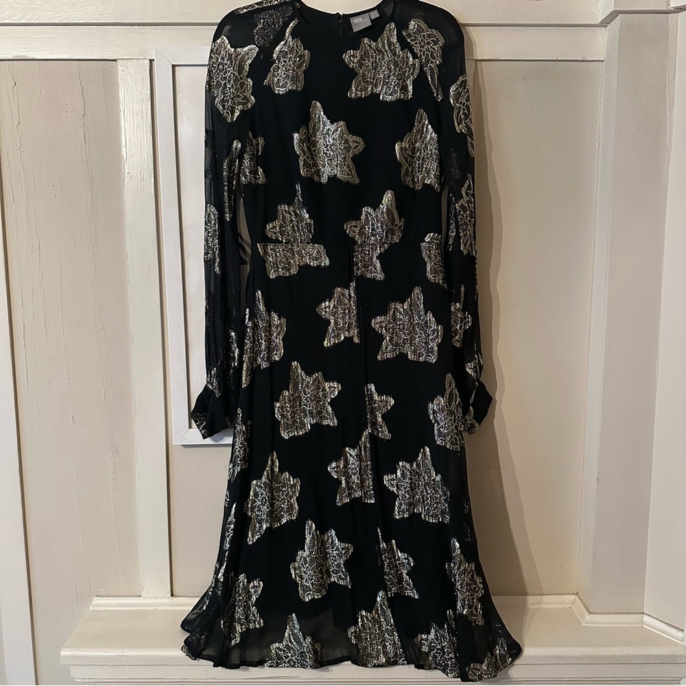 Black and Gold Chiffon Midi Party Dress size 8